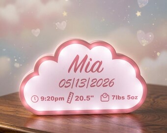 May include: A cloud-shaped LED light in soft pink with white illumination. The front displays the name Mia, the date 05/13/2026, the time 9:20pm, a length of 20.5 inches, and a weight of 7lbs 5oz, all printed in a dark pink script and sans-serif font.