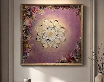 大きな質感のある壁掛けアート、ピンクの抽象的な曼荼羅絵画、木製パネルに手描きのアクリル画、花柄の印象的なアートワーク、モダンなホームデコレーション