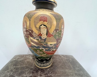 Japanese Satsuma Moriage Vase Hand Painted 11.75" Vintage Early 20th C