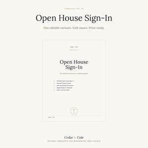 May include: A cream-colored document with the text "Open House Sign-In" in a bold, sans-serif font. The document includes a list of editable variants and is designed for residential real estate. The Cedar & Cole logo is visible.