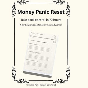 Może przedstawiać: Drukowe ćwiczenie PDF zatytułowane "Money Panic Reset". Okładka zawiera tekst: "Przejmij kontrolę w 72 godziny" i "Delikatny zeszyt ćwiczeń dla przytłoczonych kobiet". Widoczne są strony zeszytu ćwiczeń z pytaniami do autorefleksji. Projekt zawiera dekoracyjne elementy kwiatowe.