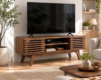 Mid Century Modern TV Stand Walnut Wood Media Console | 46 Inch Low Profile Entertainment Center | Record Player Stand Cabinet