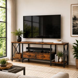 May include: A long rectangular media console featuring a rustic brown wood-grain finish and a black metal frame. The unit includes two central drawers with black handles, open shelving on the sides with X-shaped side supports, and a flat top surface.
