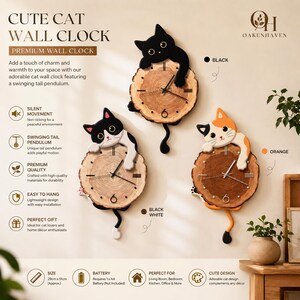 May include: Cute cat wall clocks in black, black and white, and orange. Each clock features a cat design perched on a wooden-look clock face with a swinging tail pendulum. The clocks are approximately 11.4 inches x 20 inches.