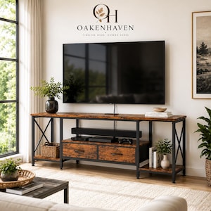 May include: A rectangular media console featuring a rustic brown wood-grain finish and a black metal frame with X-shaped side supports. The unit includes two central drawers with dark handles, open shelving, and a flat top surface for a television.