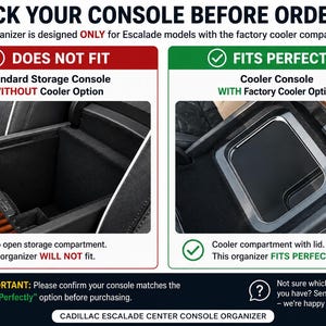 May include: An informational graphic for a Cadillac Escalade center console organizer. It compares a standard storage console without a cooler, labeled as does not fit, with a cooler console with a factory cooler option, labeled as fits perfectly.