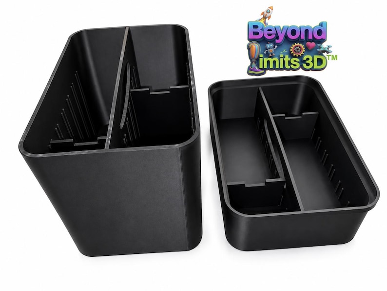 May include: Two black rectangular storage organizers with internal dividers and vertical slots along the inner walls. The logo Beyond imits 3D is visible in the upper right corner, featuring colorful cartoon characters and gears.