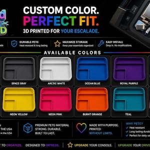 Op de afbeelding: Afbeelding van een 3D-geprinte console-organizer voor een Escalade, verkrijgbaar in verschillende kleuren, waaronder matzwart, spacegrijs en neonroze. De tekst benadrukt precisiepasvorm, duurzaam PETG-materiaal en eenvoudige installatie.