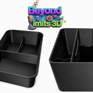 May include: A black plastic storage organizer with multiple internal compartments and vertical dividers. The logo Beyond Limits 3D is displayed above the two views of the rectangular container, which features a smooth finish and open top design.