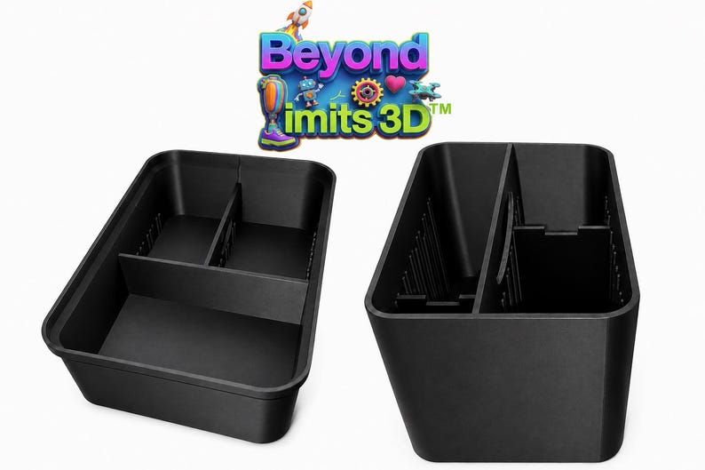 May include: A black plastic storage organizer with multiple internal compartments and vertical dividers. The logo Beyond Limits 3D is displayed above the two views of the rectangular container, which features a smooth finish and open top design.