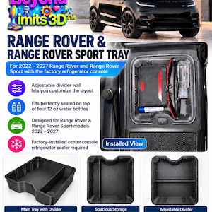 May include: A black plastic center console storage tray for 2022-2027 Range Rover and Range Rover Sport vehicles with factory refrigerators. The tray features an adjustable divider, a rectangular shape, and is shown installed with items.