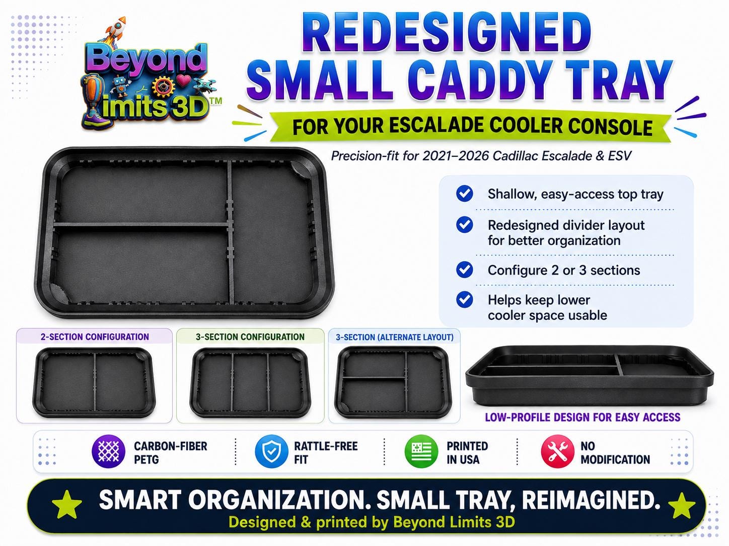 Redesigned small caddy tray with adjustable dividers