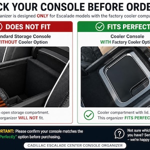 Op de afbeelding: Afbeelding die twee compartimenten van de autoconsole vergelijkt. De linkerkant toont een diep, open opbergvak met het label "PAST NIET." De rechterkant toont een koelconsole met een deksel, met het label "PAST PERFECT." De tekst onderaan luidt "CADILLAC ESCALADE CENTER CONSOLE ORGANIZER."