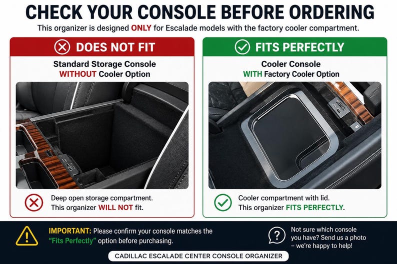 Op de afbeelding: Afbeelding die twee compartimenten van de autoconsole vergelijkt. De linkerkant toont een diep, open opbergvak met het label "PAST NIET." De rechterkant toont een koelconsole met een deksel, met het label "PAST PERFECT." De tekst onderaan luidt "CADILLAC ESCALADE CENTER CONSOLE ORGANIZER."