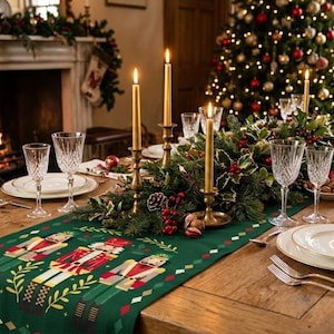 Christmas Nutcracker Table Runner, Green Holiday Dining Decor, Traditional Xmas Tablecloth