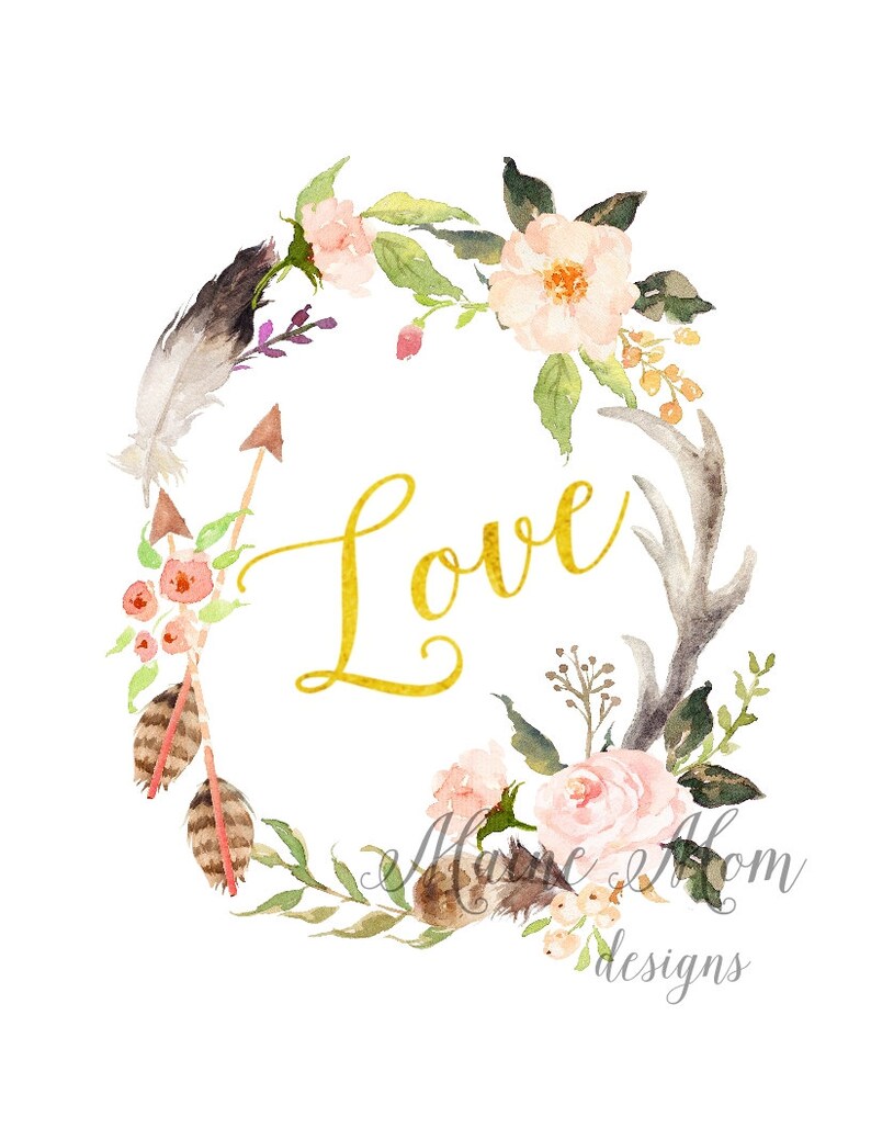 Instant Download Flowers 8 x 10 Digital Print Tribal Art Gold Tribal Baby Girl Nursery Feathers Love Girl Art Print