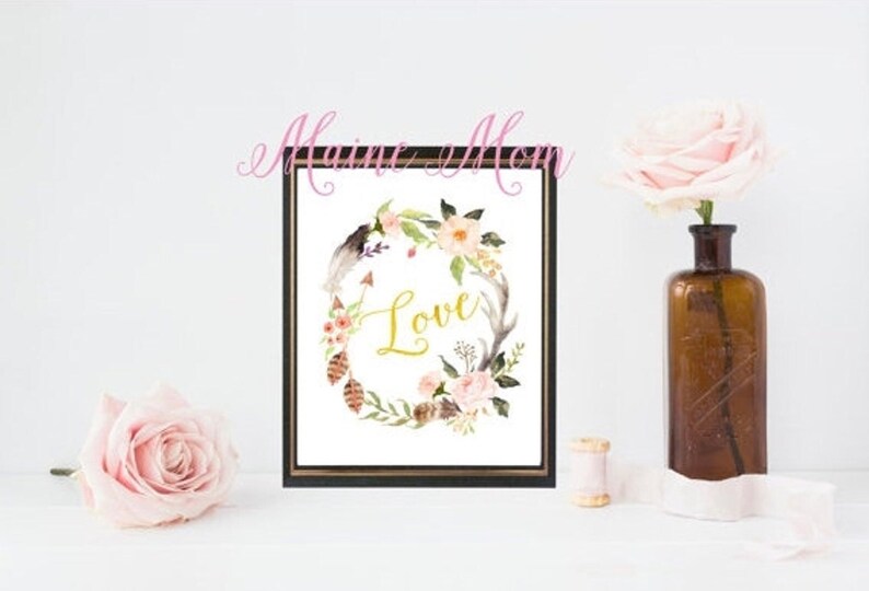 Instant Download Flowers 8 x 10 Digital Print Tribal Art Gold Tribal Baby Girl Nursery Feathers Love Girl Art Print