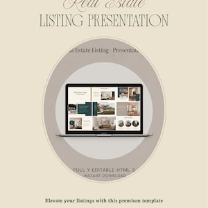 Peut inclure: Modèle de présentation de liste immobilière beige et marron. La conception comprend un ordinateur portable affichant une présentation, avec le texte "Real Estate LISTING PRESENTATION" en haut. Le modèle est entièrement modifiable et téléchargeable instantanément.