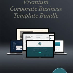 Peut inclure: Fond sombre avec cinq ordinateurs portables affichant des modèles commerciaux. Le texte "Premium Corporate Business Template Bundle" est en haut. Un cercle bleu avec "Instant Download" est en bas.