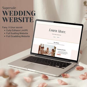 May include: A silver laptop displays a wedding website design with the text "Learn More." The screen shows a photo of a wedding party. The text "Supersale WEDDING WEBSITE" is visible. Pink petals are scattered around the laptop.