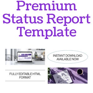 以下が含まれることがあります： 白の背景に、紫色の「Premium Status Report Template」という言葉の上に「FREELANCER TOOLS」という文字が書かれています。 下には、ラップトップ、メモ帳、テキスト「FULLY EDITABLE HTML FORMAT」と「INSTANT DOWNLOAD AVAILABLE NOW」の画像があります。