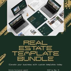 Peut inclure: Image promotionnelle pour un ensemble de modèles immobiliers. L'image présente des ordinateurs portables, des documents et le texte « REAL ESTATE TEMPLATE BUNDLE ». Le fond est vert foncé avec des accents dorés pixélisés. Le texte « Rejoignez-nous pour ce lancement numérique exclusif » est également présent.