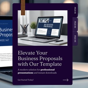 Peut inclure: Un ordinateur portable affiche un modèle de proposition commerciale avec un design bleu marine et blanc. L'image comprend le texte "Elevate Your Business Proposals with Our Template" et "Get Started Today!"