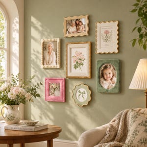 Vintage Eclectic Gallery Wall Frame Set, Pink & Sage Green Picture Frames, Ornate Scalloped Beaded Photo Frames, Cottagecore Home Decor