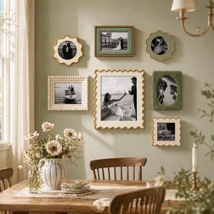Set van fotolijstjes met golvende kralen in verschillende vormen, gezellige fotolijstjes voor aan de muur in cottage-stijl, fotolijstjes voor een bruidspaar om herinneringen aan hun bruiloft weer te geven, 4x4 en 5x7 inch, zachte neutrale woondecoratie