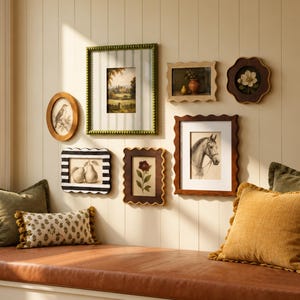 May include: A gallery wall arrangement featuring six framed art pieces: an oval bird print, a landscape in a green beaded frame, a pear still life, a flower study, a horse portrait, and a floral relief, above a bench with decorative pillows.