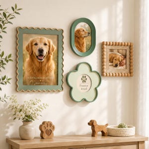 Sage Green Pet Memorial Picture Frame Set, Wavy Beaded Frame for Dog Memory Display, 4x4 8x10 Dog Remembrance Decor, Pet Loss Sympathy Gift