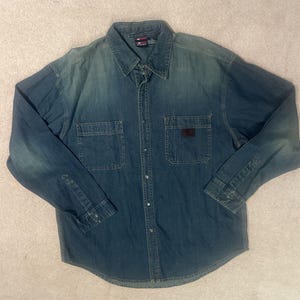 Vintage Bugle Boy Shirt Mens Large Blue Denim Button Snap Shirt 90s Retro