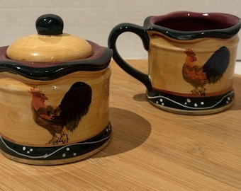 Hand Painted Chicken Rooster Set Casa Vero By ACK Farmhouse Country Sugar Cream