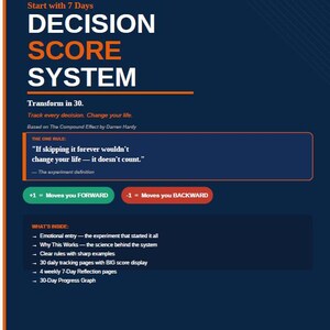 May include: A navy blue graphic with the title "DECISION SCORE SYSTEM" in white and orange. The text describes a system to track decisions and change your life, with sections on rules, examples, and tracking pages.