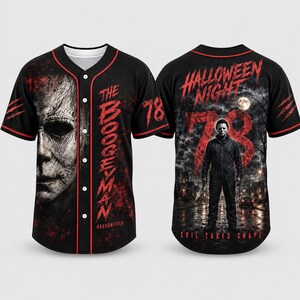 Halloween gift,Horror Baseball Jerseys, Spooky Slasher Graphic Button Up Shirts for Men Women, Unisex Halloween Jersey Costume for Party