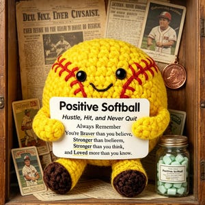 Peluche positive au crochet pour le softball, amigurumi d'encouragement fait main, remise des diplômes 2026 et cadeau des fêtes pour les amateurs de softball, maman, papa, ami