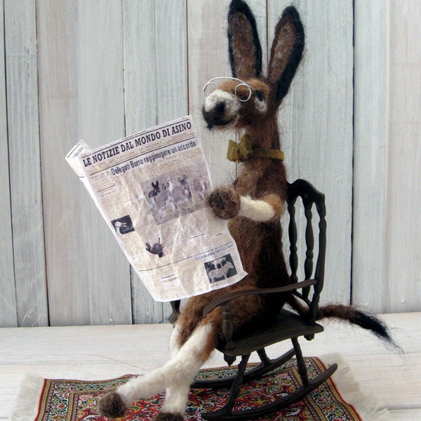 Burro Donkey Mule handmade doll - brown grey needle felted alpaca wool - reading an Italian newspaper