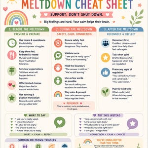 May include: A colorful educational chart titled Strong-Willed Child Meltdown Cheat Sheet. It features three sections: Before, During, and After the meltdown, with icons, text advice, common triggers, and suggested phrases for parents to use.
