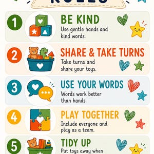 May include: A colourful playroom rules poster featuring six numbered sections with illustrations of blocks, toys, speech bubbles, puzzle pieces, and shelves. The text includes 'PLAYROOM RULES', 'BE KIND', 'SHARE & TAKE TURNS', 'USE YOUR WORDS', 'PLAY TOGETHER', 'TIDY UP', 'RESPECT OUR SPACE', and 'BE HAPPY, HAVE FUN AND ENJOY OUR PLAYROOM!'