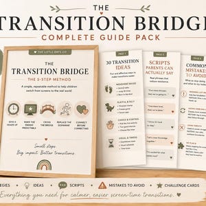 May include: A five-page printable A4 guide pack titled The Transition Bridge, featuring a 5-step method for screen-time transitions. The pages include transition ideas, scripts for parents, common mistakes to avoid, and challenge cards with icons.