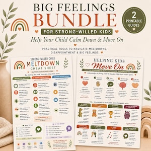 May include: A Big Feelings Bundle for strong-willed kids featuring two printable guides. The first guide is a Meltdown Cheat Sheet with strategies for before, during, and after meltdowns. The second guide offers practical tips to help kids move on.