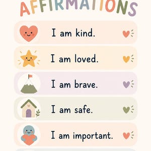 May include: A cheerful poster with the words "MY DAILY AFFIRMATIONS" in bright colours. It lists positive affirmations such as "I am kind," "I am loved," and "I am brave," each accompanied by a simple, friendly illustration. Hearts and stars decorate the design.