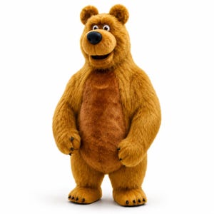 May include: A plush bear toy with golden-brown fur, featuring a darker brown patch on its chest, a large black nose, and small black claws on its paws. The bear is standing upright with a friendly expression, wide eyes, and a slightly open mouth.