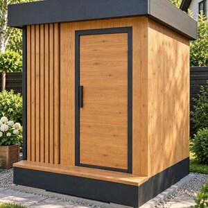 Puede incluir: Un cobertizo rectangular para exteriores con paneles de madera clara, un techo plano gris oscuro y una base a juego. La estructura incluye una puerta con un tirador negro vertical y un panel lateral decorativo con listones verticales.