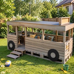 Project plans Kids Bus Playhouse 11'10" x 4'11" x 6'7" - download and print the drawings with dimensions and the assembly diagram in PDF