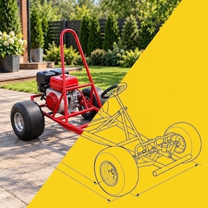 Op de afbeelding: Een rood skelterframe met een gemonteerde motor en zwarte banden, weergegeven naast een technische lijntekening van het chassis op een gele achtergrond. De afbeelding bevat een PDF-pictogram, landenvlaggen en de tekst ShopsPlans.