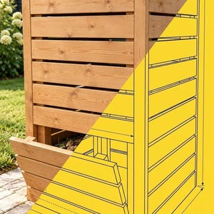 May include: A wooden compost bin featuring horizontal slats and a hinged front panel. The image includes a technical line drawing overlay on the right side, illustrating the structure and dimensions of the unit with arrows indicating height and width.