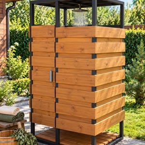 May include: An outdoor shower enclosure featuring a black metal frame and horizontal light brown wooden slats. The structure includes a square overhead shower head with water flowing, a wooden slatted floor, and a single door with a silver handle.