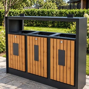 May include: A triple waste sorting station featuring a dark gray metal frame and three hinged doors with vertical light brown wooden slats. Each door includes a rectangular dark gray metal plate in the center and a small square silver handle.
