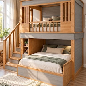 Puede incluir: Una litera de madera que cuenta con una cama inferior de tamaño completo con cajones de almacenamiento integrados y una cama superior individual. La estructura incluye una escalera con pasamanos, barandillas de listones verticales y acabado gris.